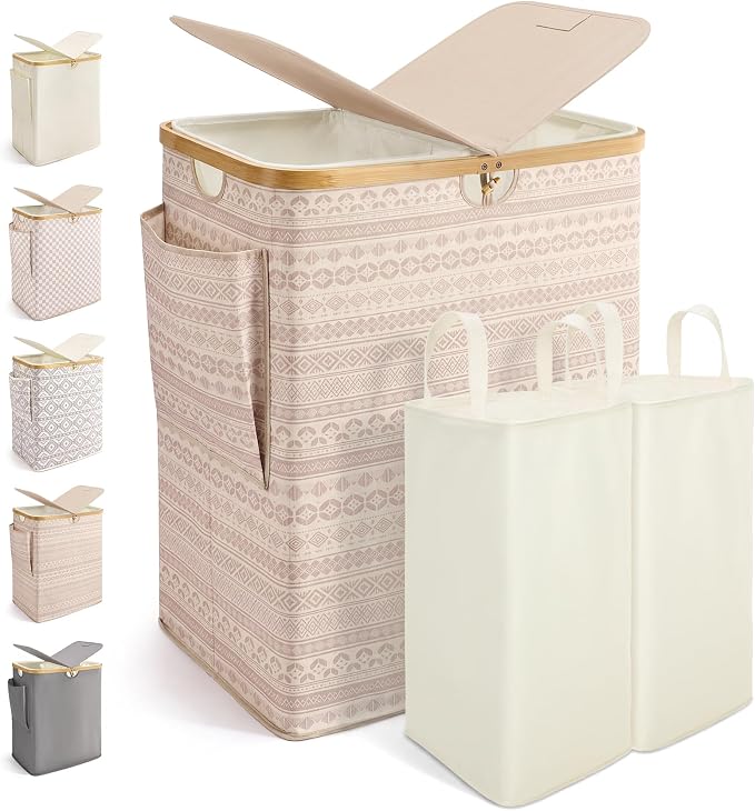 MIZATTO 2 Section Laundry Hamper with Lid, 140L Dirty Clothes Hamper | Double Laundry Basket with Bamboo Handles for Laundry Room, Bathroom, Bedroom, Clothes Hamper Dual Laundry Bin