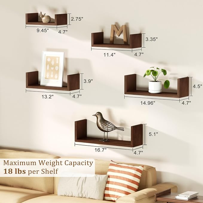 SRIWATANA Dark Walnut Floating Shelves, 5-Piece Set Wood Wall Storage Unit | Versatile Wood Shelves in 5 Different Sizes; Flexible DIY Layout to Fit Any Space in Bathroom, Bedroom, or Kitchen