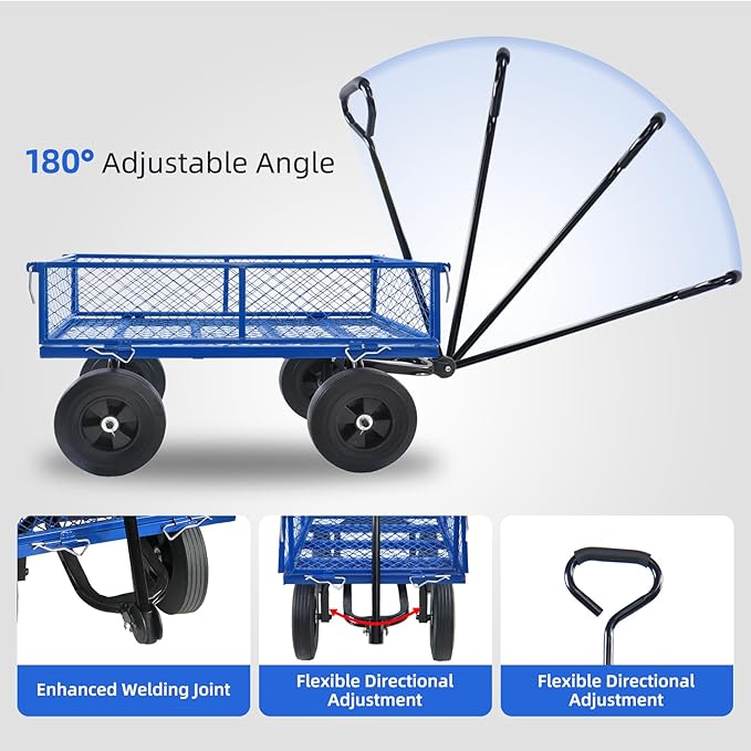 Heavy Duty 480 Lbs Capacity Mesh Steel Garden Cart Folding Utility Wagon with Removable Sides, Solid Wheels Tools Cart Wagon Cart, Easier to Transport Firewood (Blue)