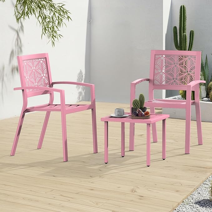 BUPPLEE 3 Piece Patio Bistro Set, Outdoor Steel Furniture Set, Stackable Modern Conversation Sets for Balcony Garden Deck Patio w/2 Chairs 1 Table, Pink