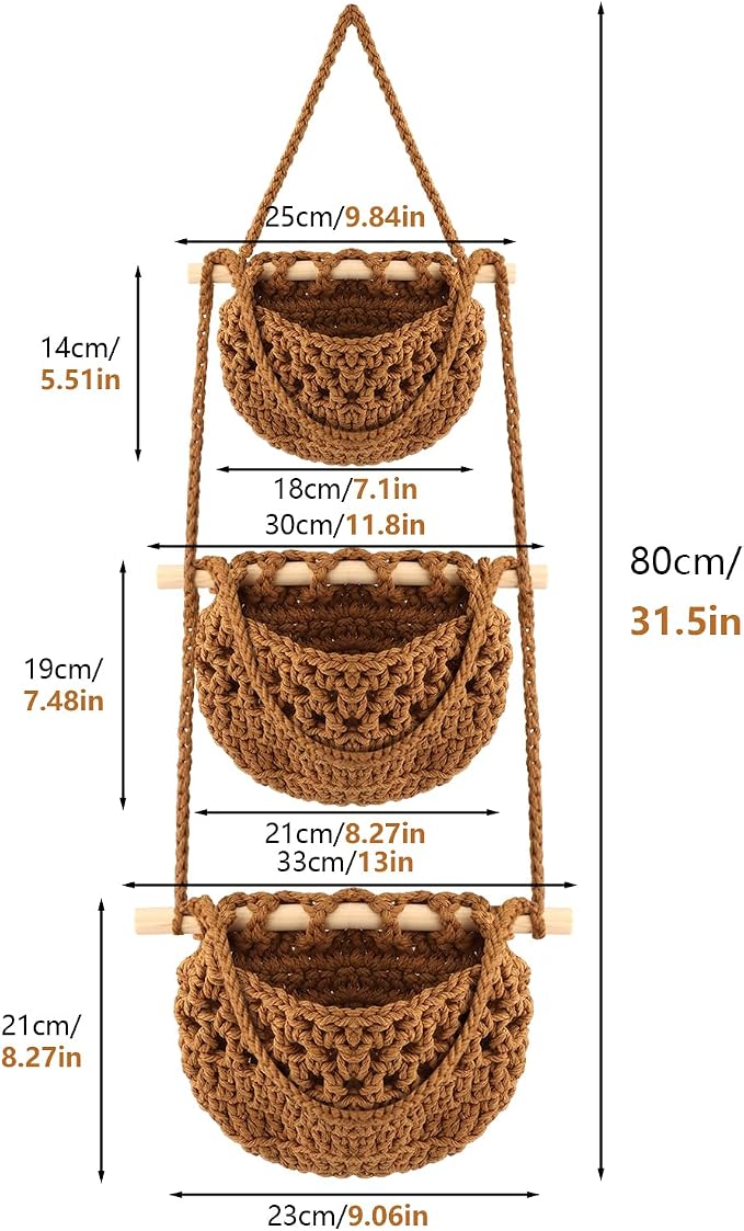 3 Tier Hanging Fruit Basket, Wall Hanging Vegetable Produce Storage Basket Cotton Woven Organizer, BOHO Wall Hanging Basket for Kitchen, Bathroom, Multi Tier Wall Produce Holder