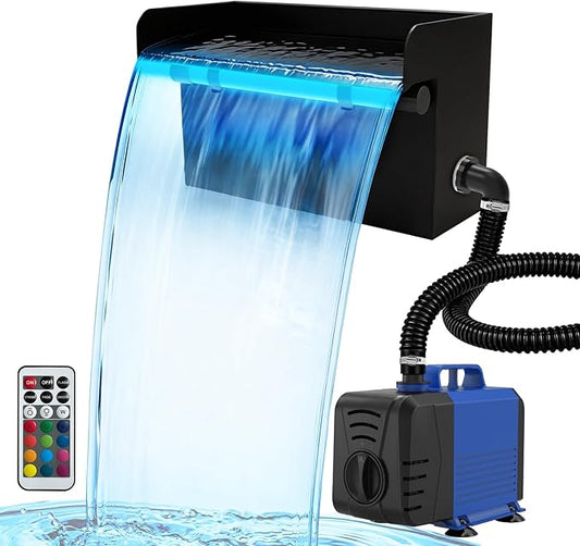 Pond Waterfall Spillway Kit, 12" Stainless Steel Spillway with Remote Control LED Lights, 660GPH Submersible Water Pump, Outdoor Waterfall Fountain for Water Feature, Garden, Backyard, Pool