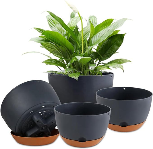 Nooulap 12/10/8/8 Inch Pots for Plants, 4 Pack Large Self Watering Pots for Indoor Plants with Drainage and Saucers, Plastic Outdoor Flower Pot(Grey)