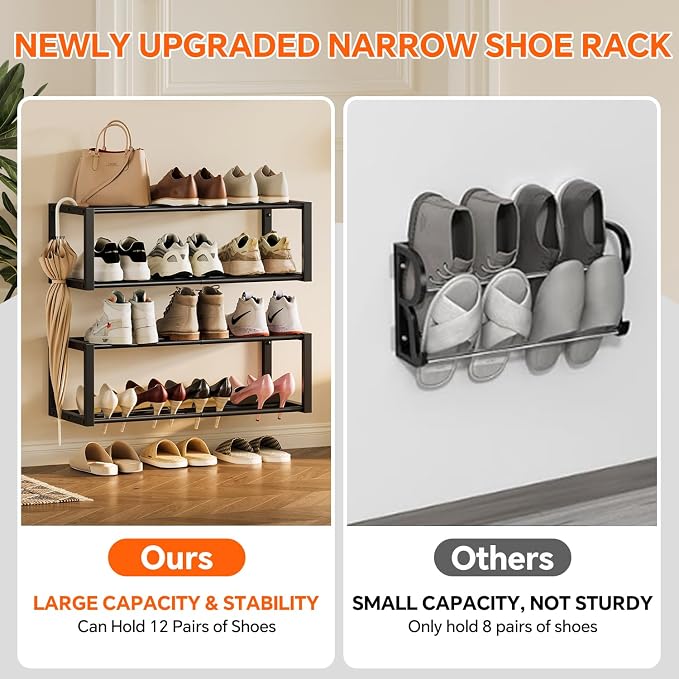 Homeiju Hanging Shoe Organizer,2 Pack Wall Mounted Shoe Rack Holds 12 Pairs,Space Saving Metal Wall Shoe Rack,Hanging Shoe Rack Shoe Holder for Small Space,Entryway,Closet,RV,Camper（Black
