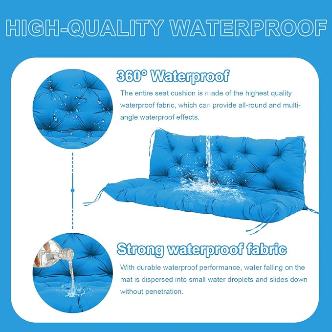 Premium 5" Thick Waterproof Porch Swing Cushions Sturdy Durable 3 Seat Replacement Outdoor Swing Cushions with Backrest&Ties Bench Cushion for Outdoor Furniture Backyard Patio Garden