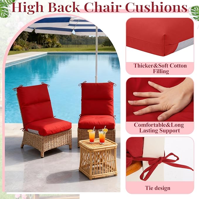 Geelin 4 Pack Outdoor/Indoor High-Back Chair Cushions 44×21 in, Stuffed Tufted Replacement Patio Chair Cushions with Ties Weather Resistant Pads for Patio Furniture (Red)