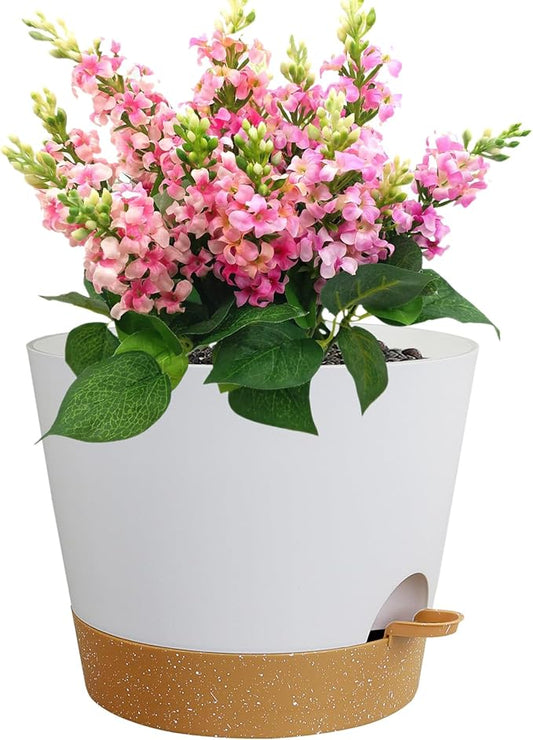 Meowell 12 inch Large Self Watering Pots for Indoor Outdoor Plants, Flower Plant Pots with Drainage Holes for Garden House Plants, Plastic Planters with Reservoir for Home, White with Brown