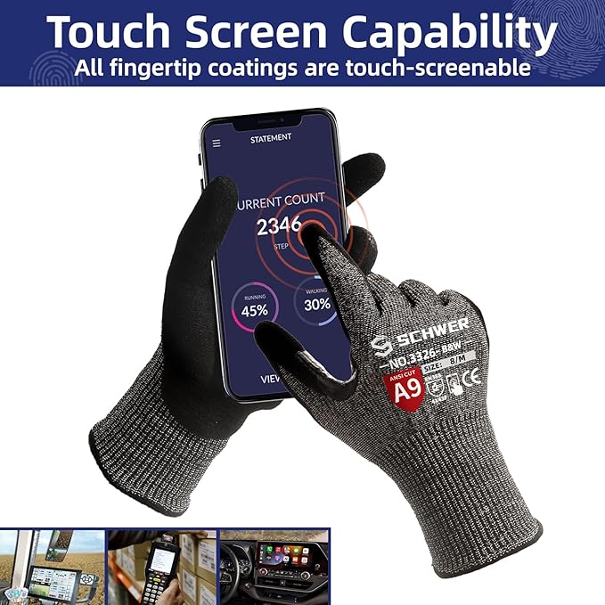 Schwer ProGuard High Level Cut Resistant Work Gloves PR3326 for Extreme Protection，ANSI A9 Cut Gloves with Reinforced Thumb, Non Slip, Breathable, Durable, Touch-screen, Black 1 Pair（M）