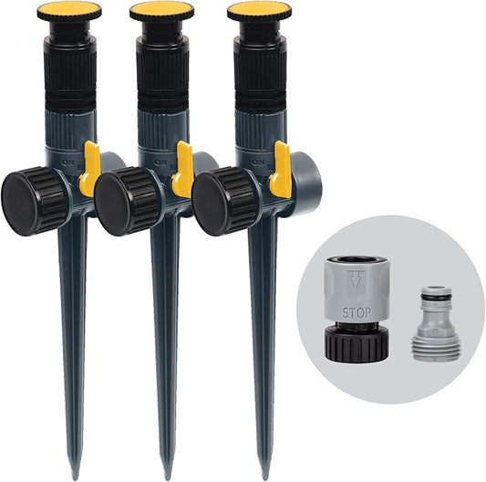 Melnor 65185AMZ Multi-Adjustable Spike Sprinkler, 3-Pack W/Quick Connect Bundle, Flow Through Base, Black, Grey, Yellow