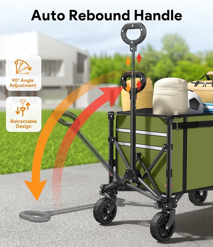Raynesys Collapsible Wagon Cart with Wheels 220lbs Foldable Wagon 120L Shopping Cart for Groceries Folding Utility Wagon for Beach, Garden, Camping, Sport, Wheelbarrows, Green