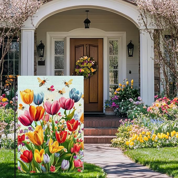 Spring Summer Tulip Garden Flag 12x18 Inch Double Sided, Colorful Welcome Yard Decor, Farmhouse Outdoor Flag for Lawn Patio Porch