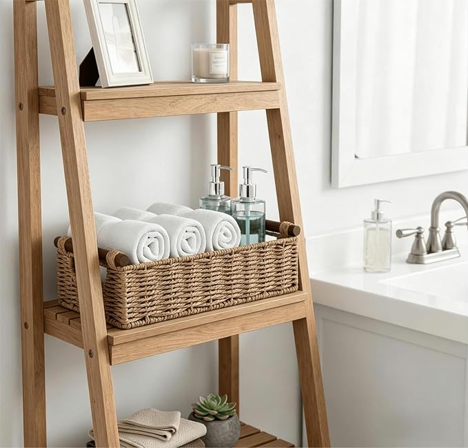 CubesLand Small Wicker Toilet Basket Tray Organizer W/Cut Out Handle | Handwoven Slim Decorative Basket for Countertop Shelf, And for Rustic Home Decor, Living Room, Nursery Organization, Neutral