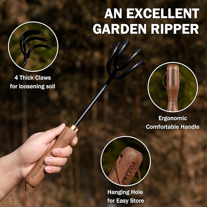 ROYTOA Hand Cultivator Rake, Ergonomic Small Garden Rake with Walnut Handle & 4 Durable Tines, Garden Tools for Weeding, Digging and Cultivating