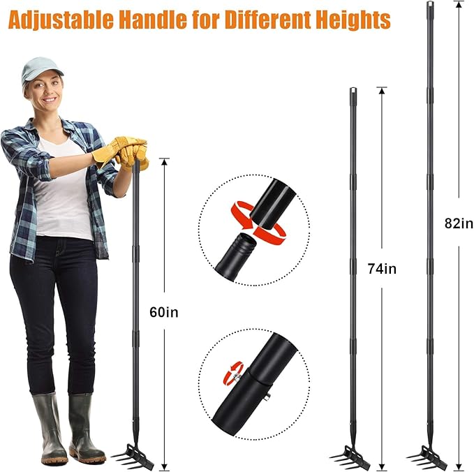 Garden Hoe with Cultivator Rake - Heavy Duty Stirrup Hoe Gardening Tool ,Sharp Blade,74 Inch Adjustable Long Handle,Weed Action Hoes for Fast Weeding,Grass Weeder Remover,Cultivating