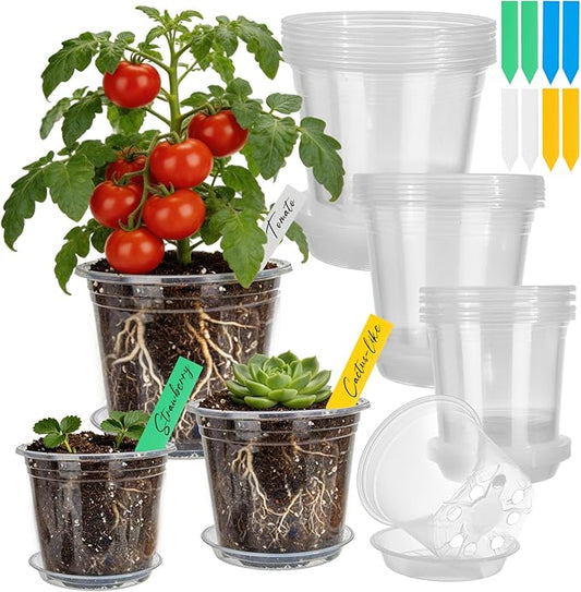 24 Pack Clear Nursery Pots for Plants, 4/5/6 Inch Plastic Plant Pots with Drainage Holes and Saucers, Transparent Orchid Pots for Indoor Plants, Seedlings, Cuttings, Repotting and Root Observation