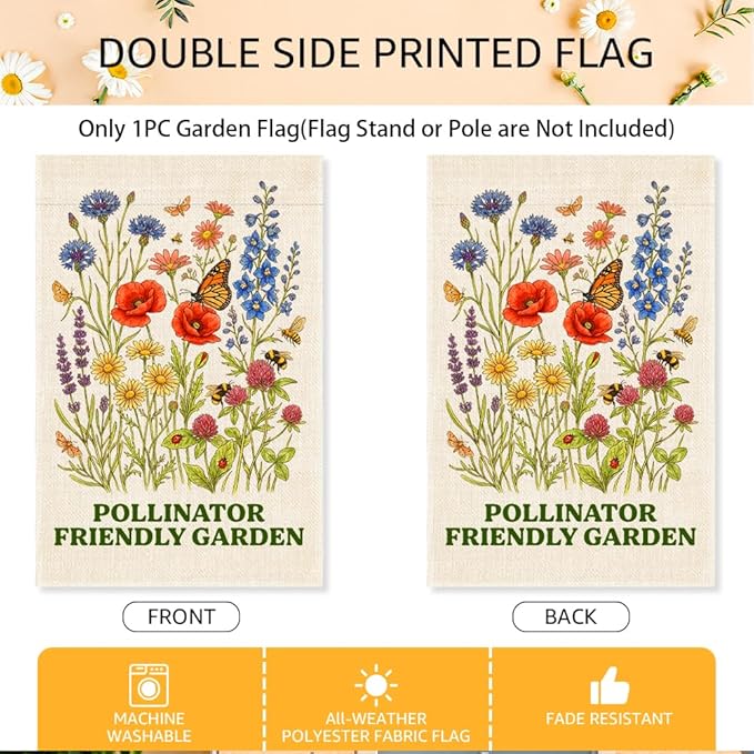 Pollinator Friendly Garden Flags for Outside, Spring Pollinator Garden Flag, Butterfly Floral House Banner for Nature Lover, Flower Yard Sign Front Porch Decor, Housewarming Gifts for Family