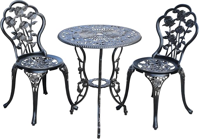 3-Piece Cast Aluminum Outdoor Bistro Set, Outdoor Table and Chairs Set of 2 with Umbrella Hole for Patio Garden (Bronze, Rose)