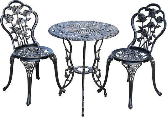 3-Piece Cast Aluminum Outdoor Bistro Set, Outdoor Table and Chairs Set of 2 with Umbrella Hole for Patio Garden (Bronze, Rose)