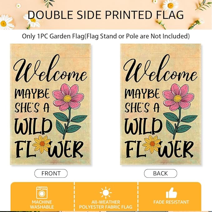Welcome Maybe She's A Wild Flower Garden Flags for Outside, Boho Floral Welcome Garden Flag for Botanical Lover, Wildflower Yard Flag for Nature Lover, Inspirational Quote Lawn Porch Décor