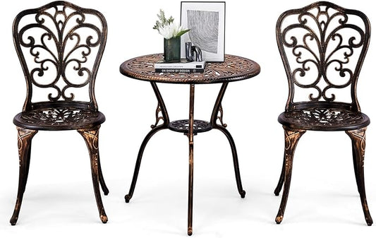 VINGLI 3 PCS Outdoor Bistro Set, Outdoor Patio Set, All-Weather Cast Aluminum Bistro Table Set, Bistro Table and Chairs Set of 2 for Backyard, Garden, Balcony (Bronze, Butterfly)