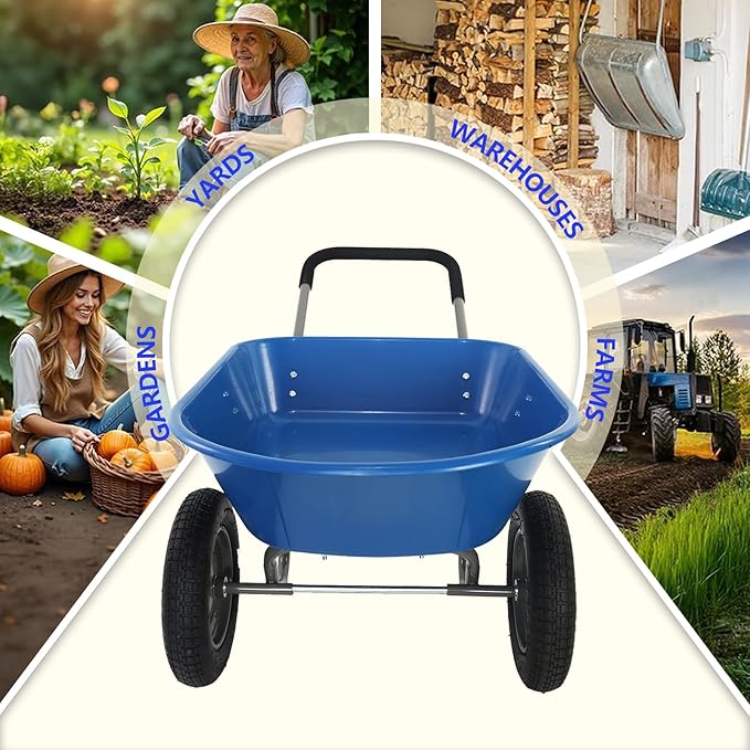 Dual Wheel Wheelbarrow, Heavy Duty Garden Cart, 300 lbs Capacity Utility Cart with Two 15 inches Pneumatic Tires for Outdoor Lawn Yard Farm Ranch (Blue)