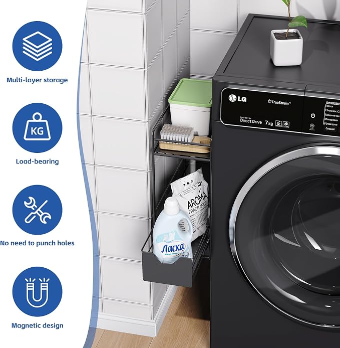 2 Tier Magnetic Shelves for Washing Machine with Pull Out Metal Drawer