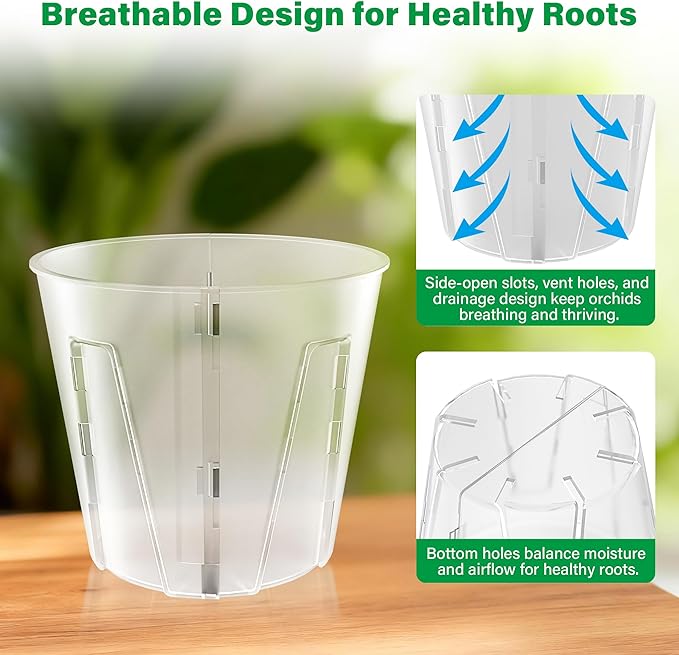 Bluepro 5 Inch Side-Open Orchid Pots 12 Pack, Clear Plastic Nursery Planters with Detachable Side Walls for Easy Repotting, Breathable Slotted Flower Pots with Drainage for Root Health