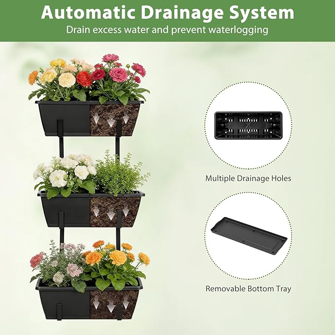 OYEAL Railing Planter Box 3 Tier Vertical Window Boxes Planter Outdoor with Adjustable Brackets & Rectangular Flower Pots Deck Railing Hanging Flower Pots for Patio, Lawn, Porch, Balcony Decor, Black