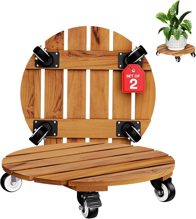2-Pack 14 Inch Acacia Wood Rolling Round Plant Caddy, Plant Caster for Heavy Duty Plant Stand with 360° Lockable Wheels, 264 lbs Capacity Caddy for Indoor and Outdoor Use, Natural Wood