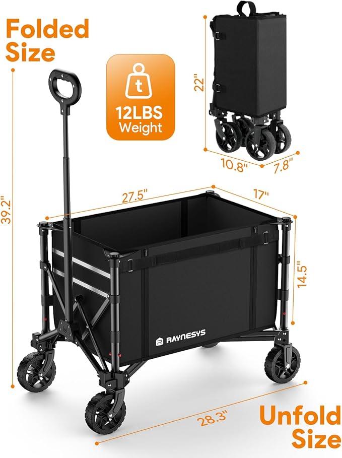 Raynesys 3 in 1 Collapsible Wagon Converts to Bench, 220lbs Foldable Wagon Cart with Wheels, 120L Shopping Cart for Groceries Folding Utility Wagon for Beach, Garden, Camping, Sport, Black