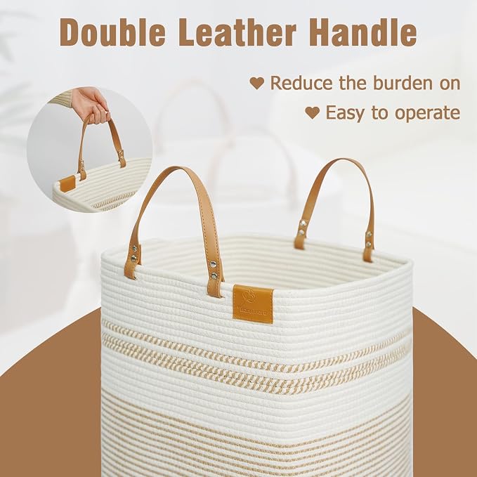 danpinera 100L Nursery Hamper, Tall Woven Laundry Basket with Long Leather Handles, Boho Laundry Hamper for Living Room & Bedroom, Eco-friendly & Convenient Decorative Storage Basket White & Jute