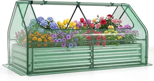 HAPPYGRILL Raised Garden Bed with Cover, Outdoor Planter Raised Bed w/2 Large Zipper Mesh Screen Windows, Galvanized Metal Planter Box for Gardening, Flowers, Vegetables (Green & Silver)