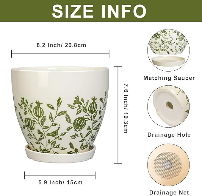 MPotTo Ceramic Planter - 8.2 Inch Plant Pot for Indoor Outdoor Plants, Boho Round Ceramic Flower Pot with Drainage Hole and Saucer, Gifts for Plant Lovers, Home Garden Apartment Decor, White
