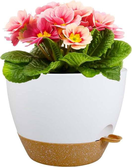 Meowell 12 inch Large Self Watering Pots for Indoor Outdoor Plants, Plant Pots with Mesh Drainage Holes for Garden House Plants, Plastic Planters with Reservoir for Flower Plants, White with Brown