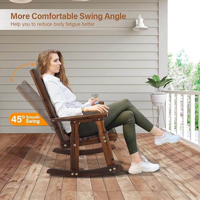VINGLI Outdoor Rocking Chair, Heavy Duty 600 LBS Wooden Rocking Bench with Comfortable Backrest, Weatherproof Patio Rocker with Ergonomic Design, Wood Rocking Chair for Patio, Garden (Rustic, 1PC)