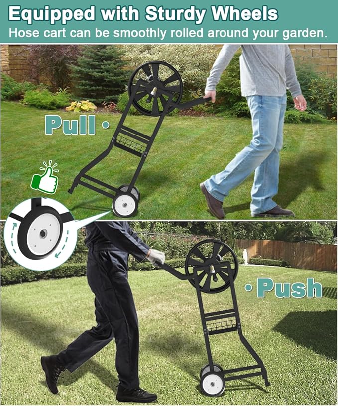 Artigarden Garden Hose Reel Cart with Wheels, Outdoor Heavy Duty Powder Coated Steel Water Winder Storage Holds 125 ft 5/8" Hoses with 3.9ft Leader Hose and Basket for Backyard, Yard, Lawn, Black