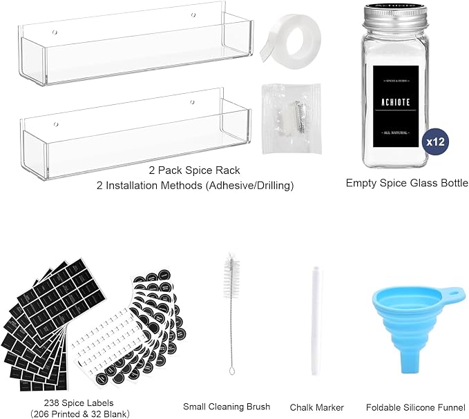 PMMASTO 2-Pack Clear Acrylic Self-Adhesive Spice Racks with 12 Empty Jars | Self-adhesive or Screw Mounting, 238 Spice Labels, Chalk Marker and Funnel, for Kitchen,Pantry Door And Bathroom Storage
