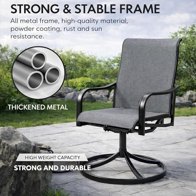 Kozyard Patio Swivel Dining Chairs Set of 2, 360 Swivel Rock Chairs Textilene High Back and Wrought Iron Frame for Poolside Backyard Deck Lawn Garden (Gray, Swivel)