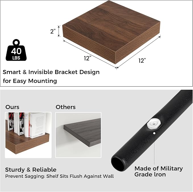 12 Inch Floating Shelves for Wall, Square Storage Shelves, Walnut Finish