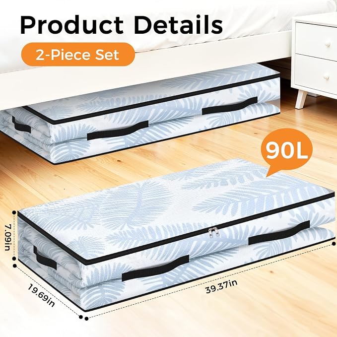 2 Pack Under Bed Storage Bags, 90L Foldable Clear Containers with Handles