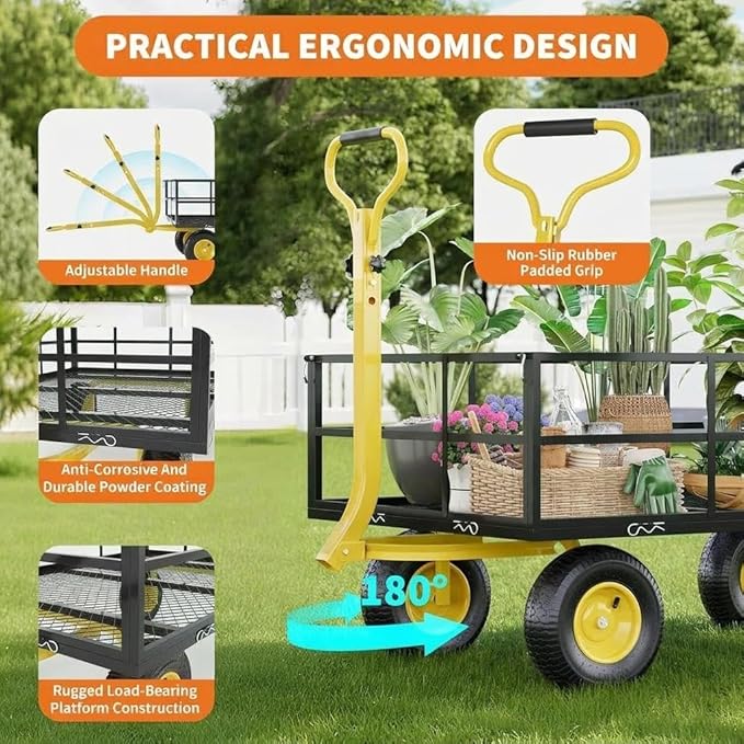  Heavy Duty Steel Garden Cart, 1200 LBS Load Capacity Garden Wagon with 10 inch Tire and 180° Rotating Handle Attach to ATV or Tractor Blac