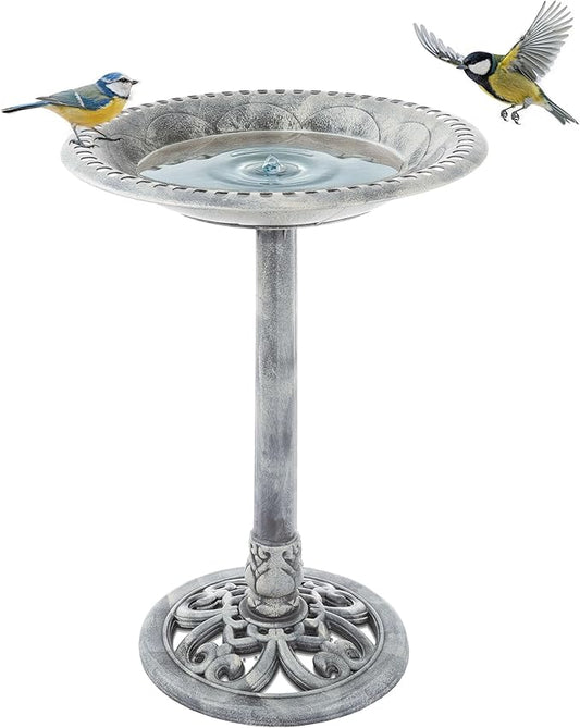 Outdoor Antique-Style Bird Bath - Weather-Resistant Polyresin Basin with Vintage Design and Ground Stakes - Yard and Patio Decor by Pure Garden (Gray)