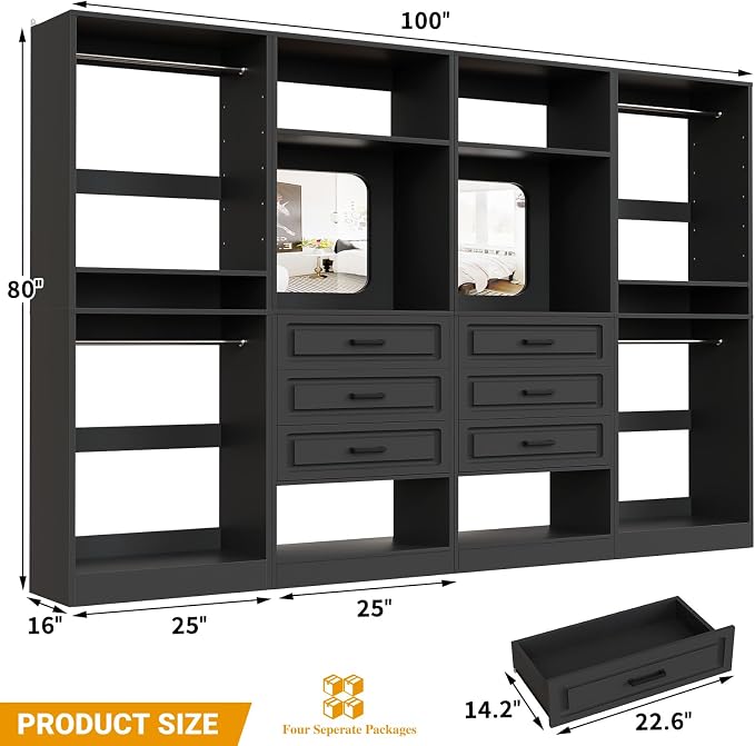 Unikito Closet System, 100" Closet Organizer with Drawers & Mirror, Black