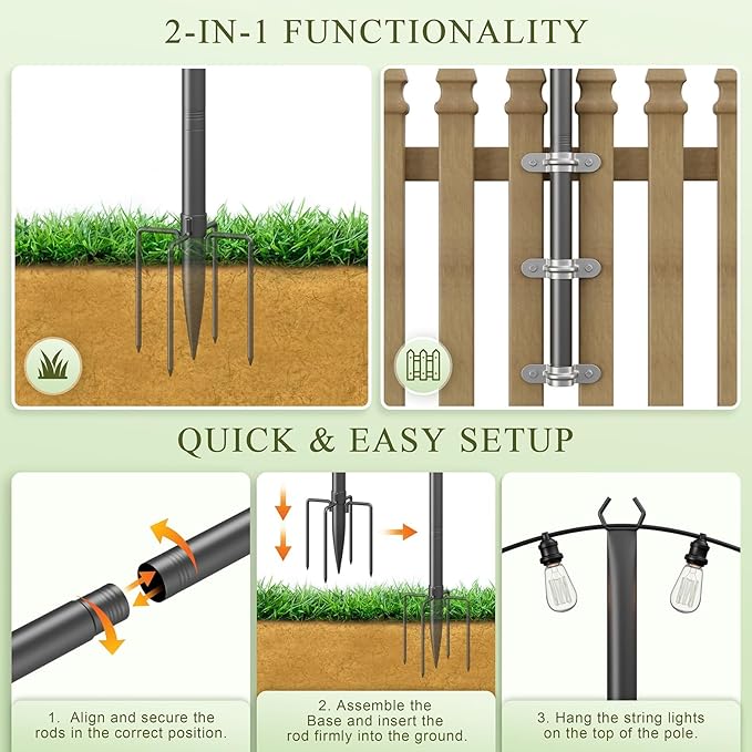 Jusgym String Light Poles for Outside 2 Pack, 10Ft Metal Poles Stand for Hanging Outdoor Light Strings, Adjustable Light Poles with Fork, for Patio, Deck, Backyard, Garden, Party