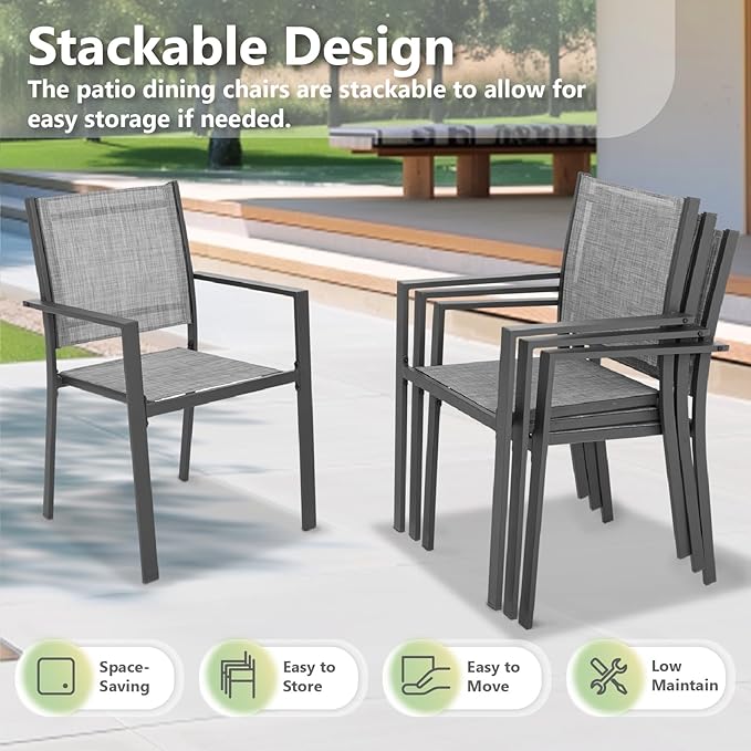 Patio Dining Chairs, All-Weather High-Resilience Textilene Outdoor Dining Chair Set of 2, Heavy-Duty Stackable Minimalist Outdoor Chairs with Armrest, Patio Chairs for Lawn Deck Pool, Grey