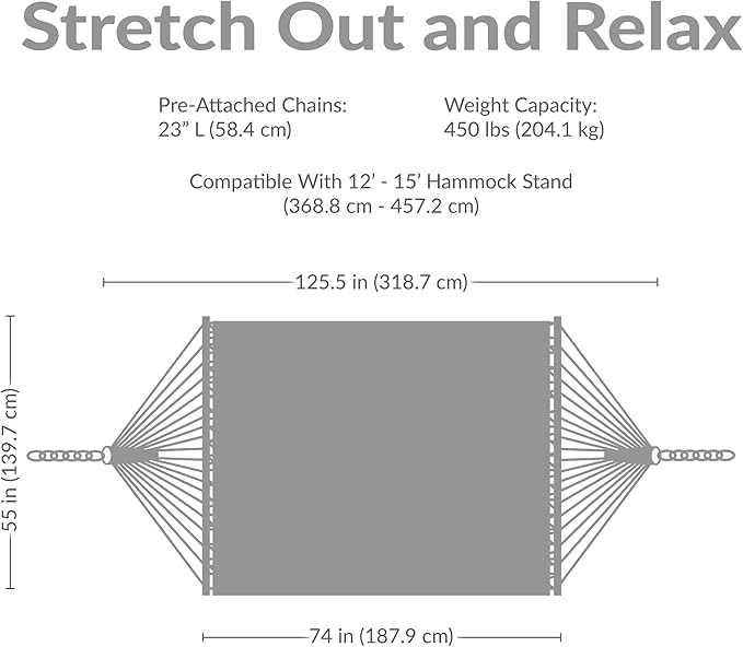 Sunnydaze Quilted Outdoor Hammock with Spreader Bars - Heavy-Duty 450-Pound Capacity Double Hammock for Outside - Awning Stripe