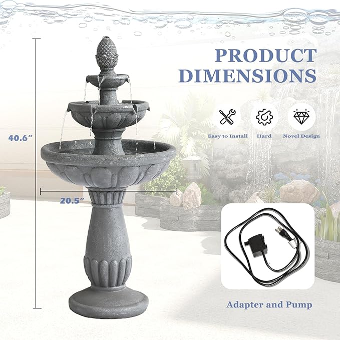 Grepatio Italian Outdoor Water Fountain, 3 Tiers Bubbler Garden Waterfalls Fountains, 40.6" H Tall Roman Pillar Floor Water Fountain for Indoor, Yard, Lawn and Garden Décor