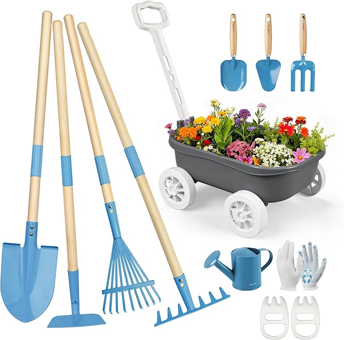 Grenebo Kids Gardening Set with Wheelbarrow, 11-Piece Outdoor Yard, Beach, STEM Garden Play Kit with Child-Sized Tools, Durable, Safe & Fun Gift Toy for Ages 2+ Kids Toddlers Boys Girls (Gray)