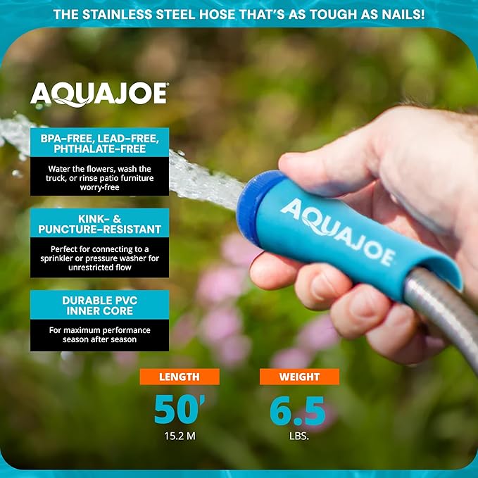 Aqua Joe 50-Foot Heavy Duty Garden Hose, Spiral 304 Stainless Steel Metal Hose, Puncture Proof, 1/2 Inch Diameter with Aluminum Fittings, AJSGH50