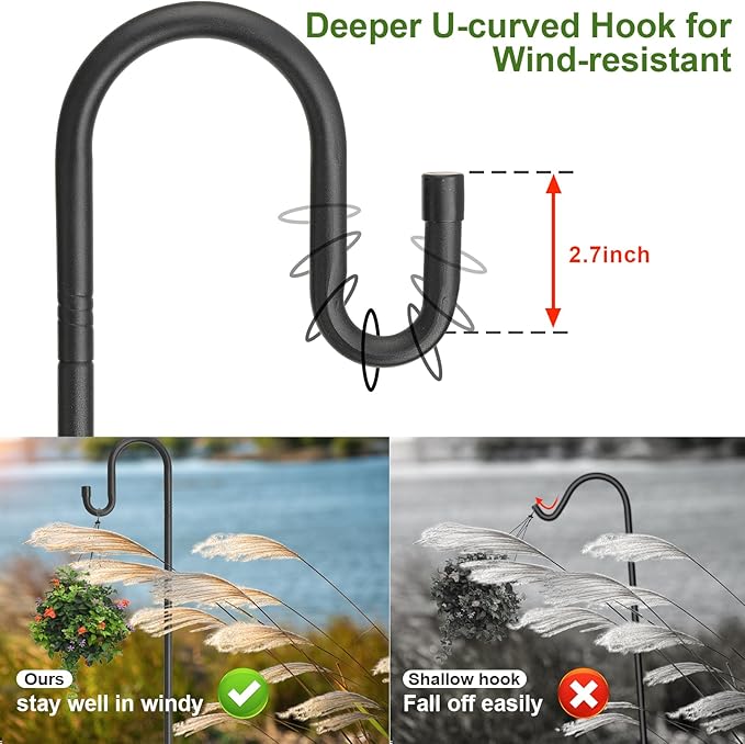 Hummingbird Feeder Stand Pole -92" Tall Shepherds Hooks,Heavy Duty Bird Feeder Holder for Birdfeeder,String Light, Wind Chime, Rustproof Shepards Hook for Outdoor Garden Decor Hangers,Black